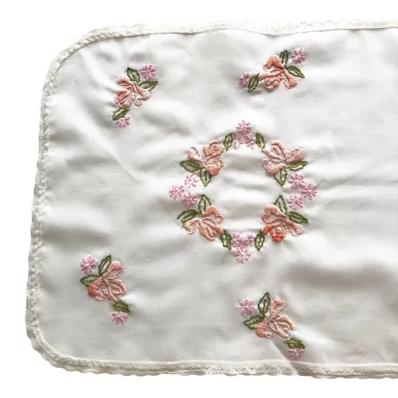 Vintage | Accents | Vtg Runner Dresser Scarf White W Pink Peach Floral  Embroidery Lace Rectangle | Poshmark